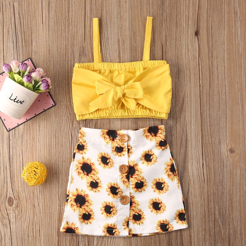 

lovely Trendy Floral Print Yellow Girl Two-piece Skirt Set