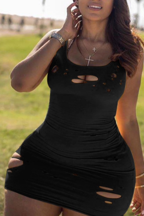 

Lovely Casual Broken Holes Black Mini Plus Size Dress