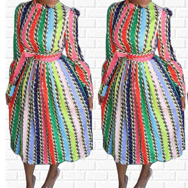 

Lovely Bohemian Rainbow Striped Multicolor Mid Calf Dress, Multicolor mstn