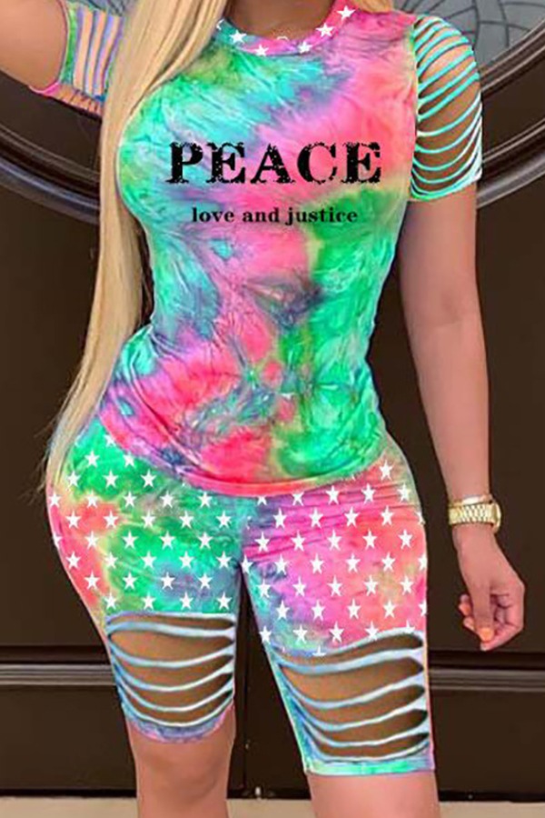 

lovely Trendy Tie-dye Hollow-out Green Two-piece Shorts Set