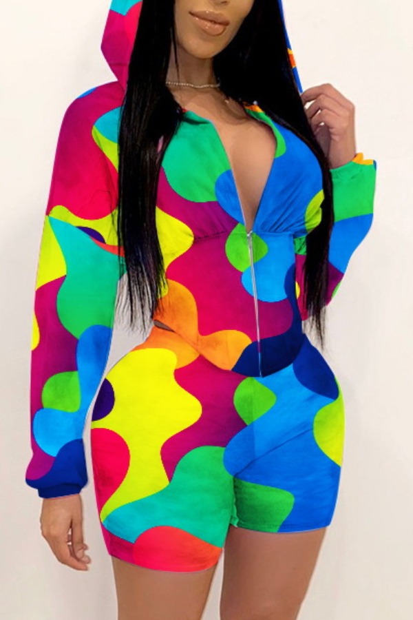 

lovely Casual Hooded Collar Print Multicolor Two-piece Shorts Set, Multi