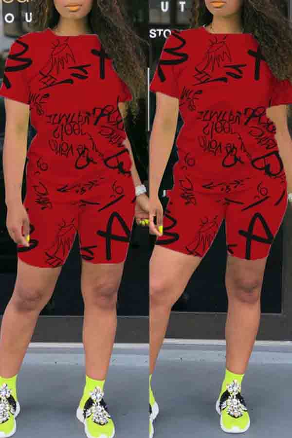 

lovely Casual O Neck Letter Print Red Two-piece Shorts Set