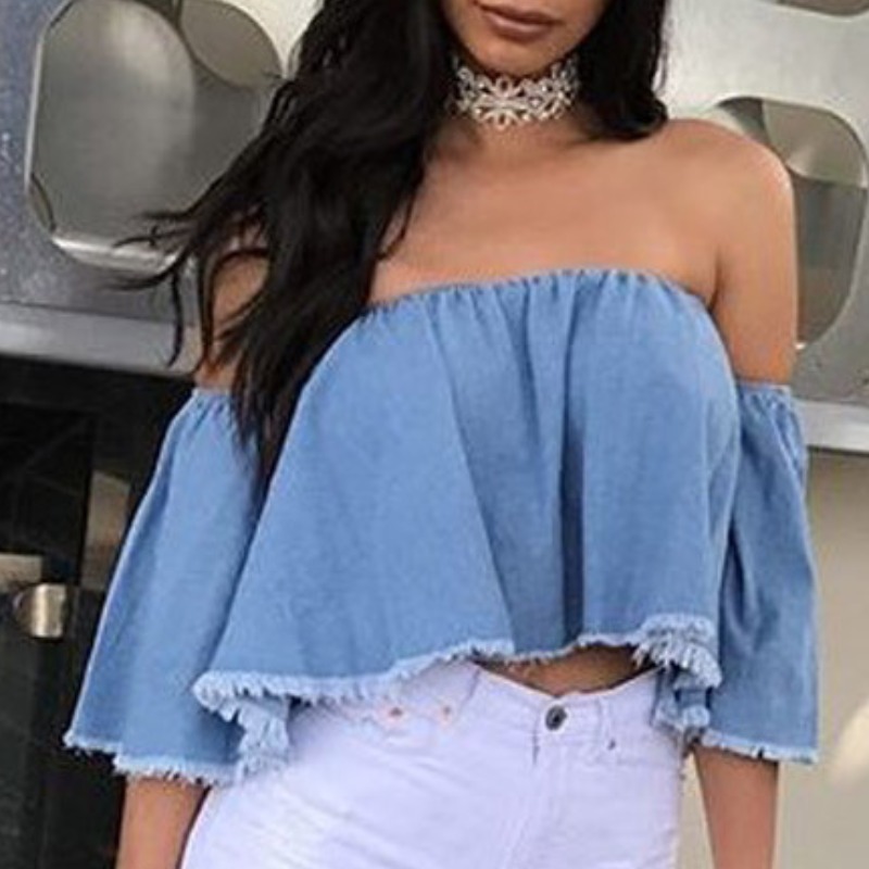 

lovely Stylish Dew Shoulder Baby Blue Denim Blouse