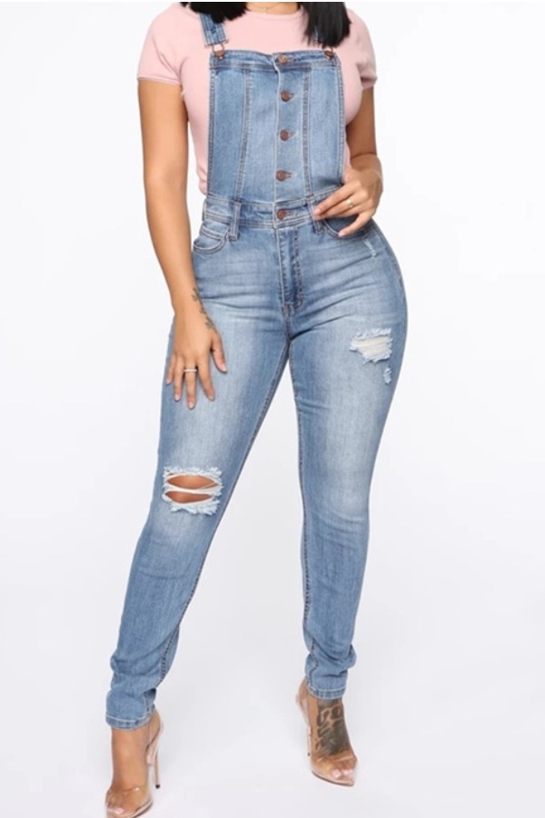 

Lovely Stylish Broken Holes Blue Denim One-piece Jumpsuit
