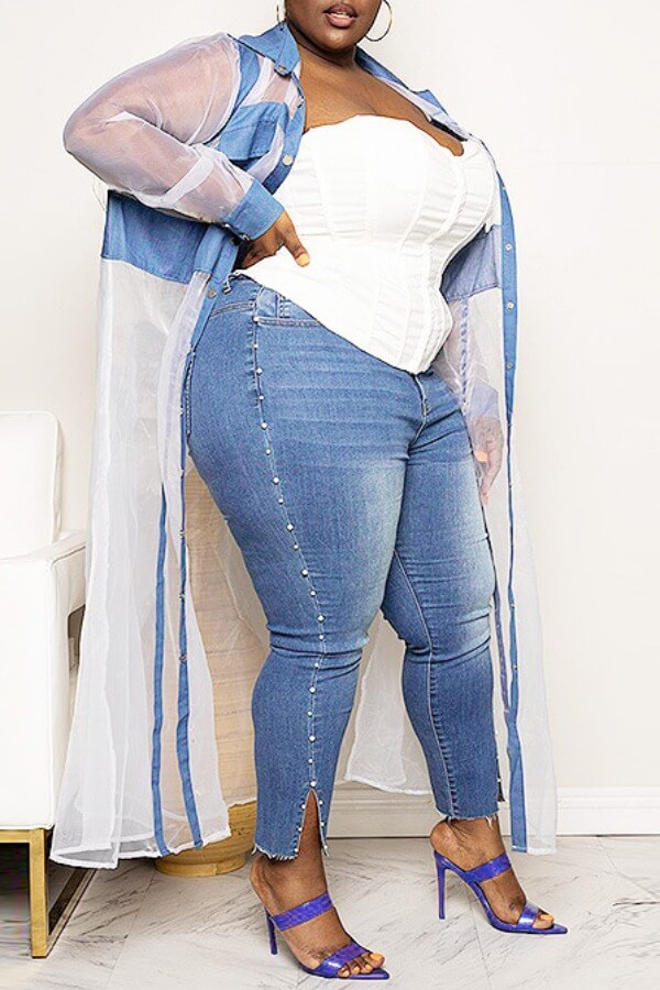 

Lovely Plus Size Casual See-through Blue Coat