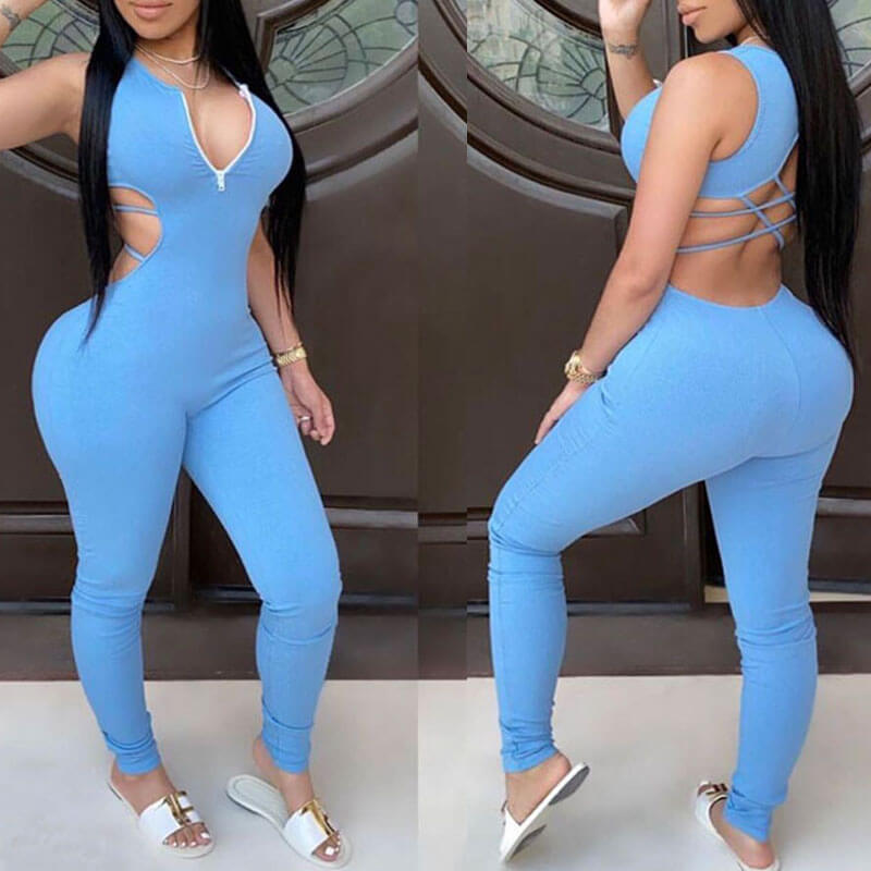 

Lovely Sexy Backless Skyblue One-piece Jumpsuit