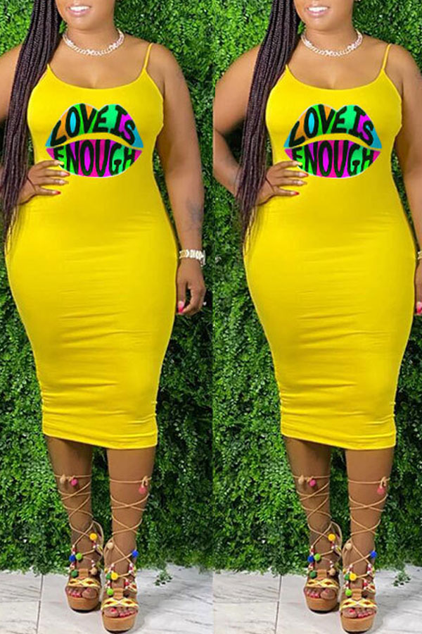 

lovely Casual Lip Print Yellow Knee Length Dress