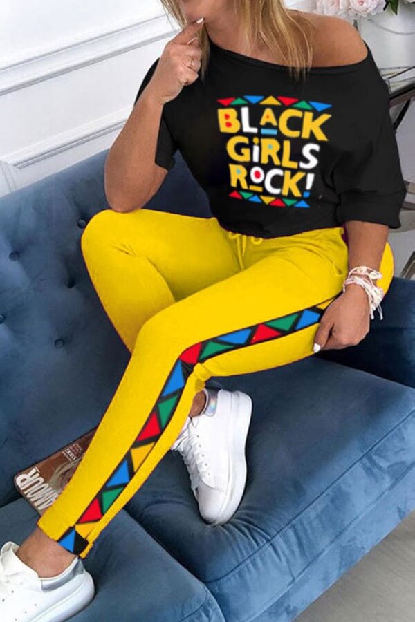 

Lovely Street Letter Print Yellow Two-piece Pants Set