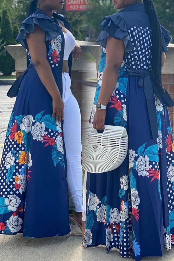 

lovely Bohemian Print Patchwork Blue Maxi Dress