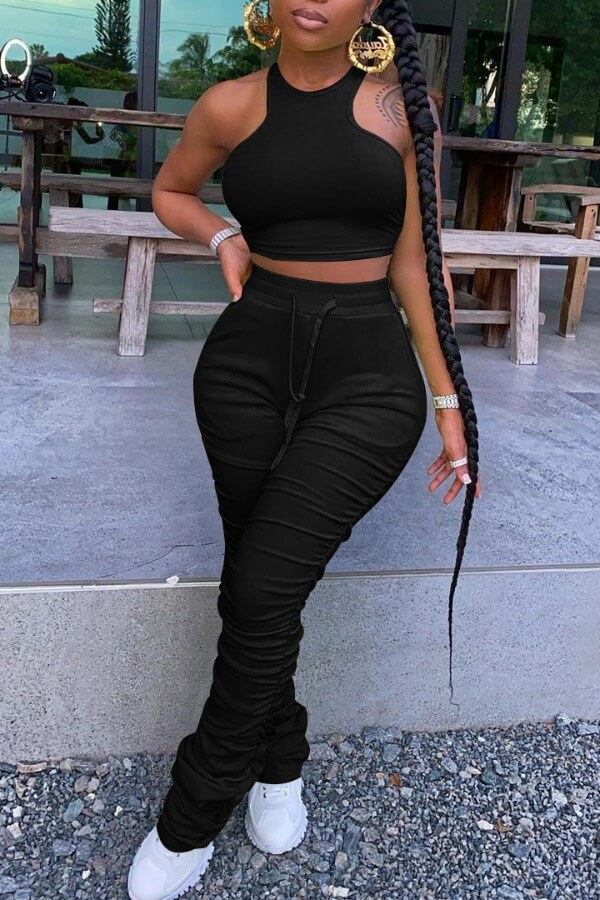 

Lovely Stylish Fold Design Black Two-piece Pants Set