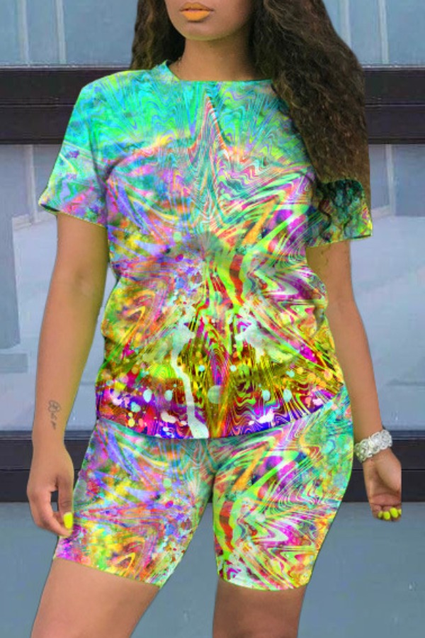 

lovely Leisure O Neck Tie-dye Yellow Two-piece Shorts Set
