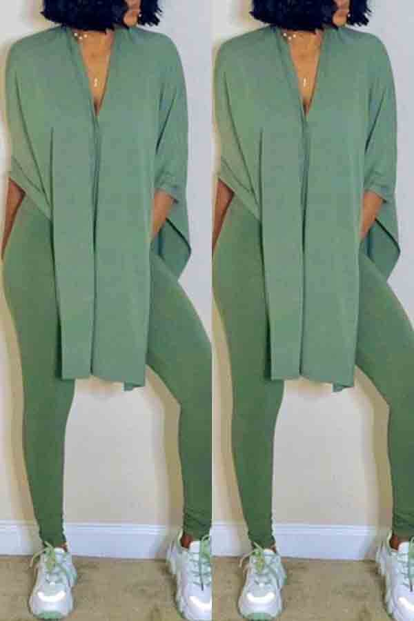 

Lovely Casual V Neck Side Slit Light Green Two-piece Pants Set