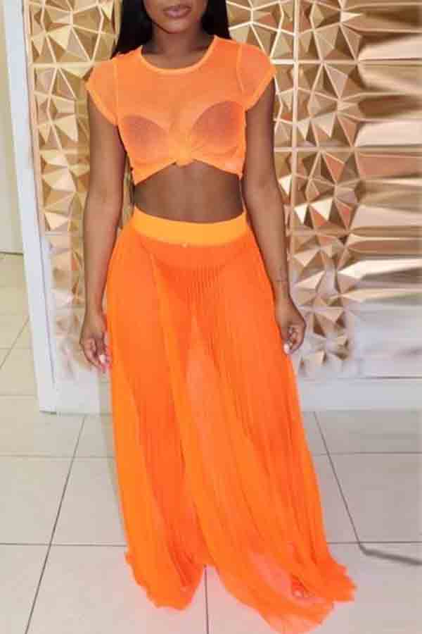 

lovely Casual O Neck See-through Orange Two-piece Skirt Se