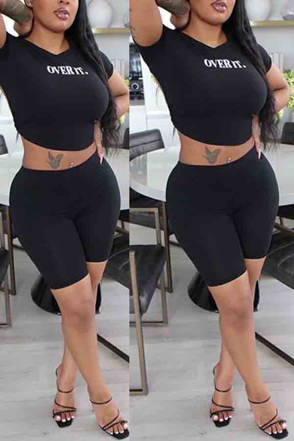 

lovely Leisure O Neck Letter Print Black Two-piece Shorts Set