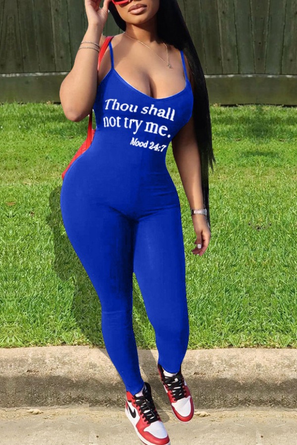 

lovely Casual Spaghetti Strap Letter Print Blue One-piece Jumpsuit