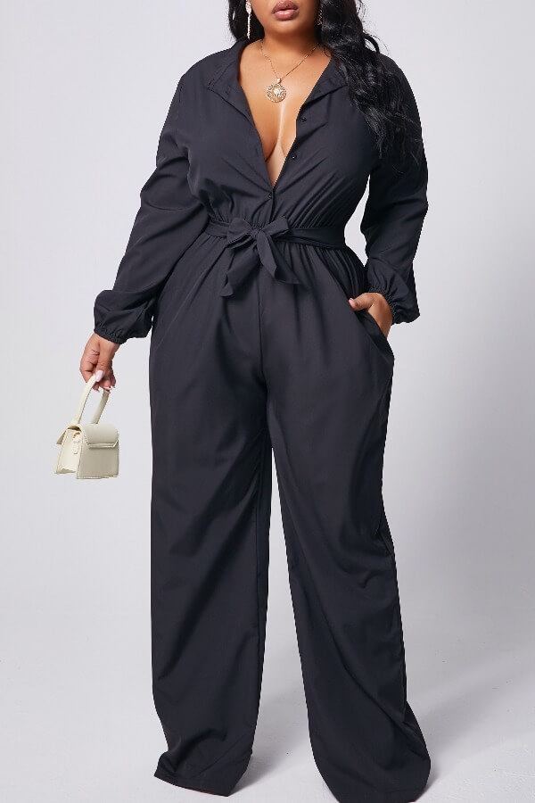 

Lovely Casual Lace-up Loose Black Plus Size One-piece Jumpsuit