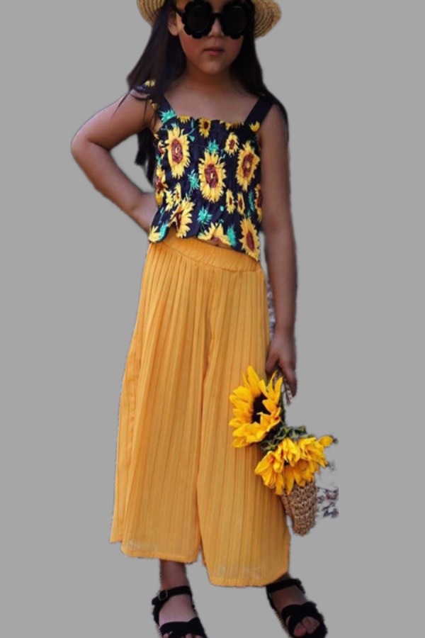 

lovely Bohemian Floral Print Yellow Girl Two-piece Pants Set