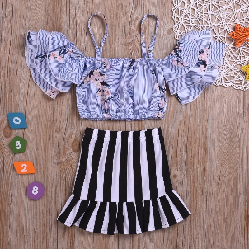 

lovely Sweet Striped Print Blue Girl Two-piece Skirt Set