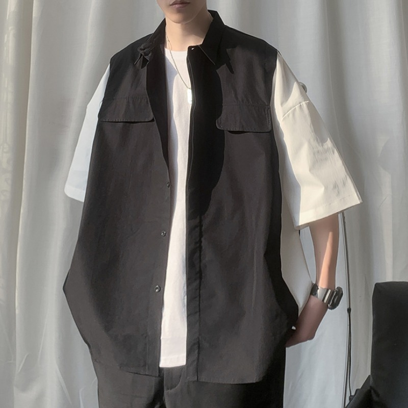 

lovely Casual False Two Piece Design Black Shirt