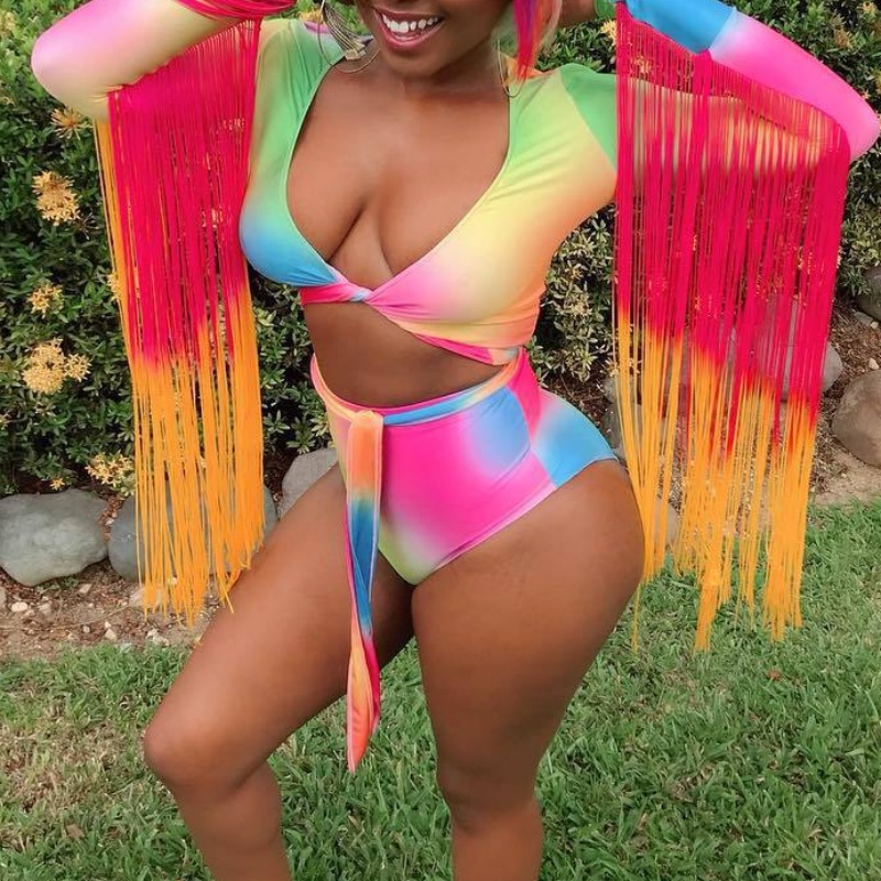 

lovely Tie-dye Tassel Design Multicolor Two-piece Swimsuit, Multi