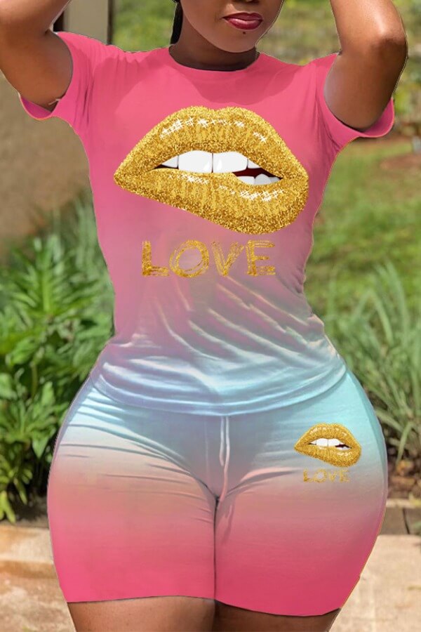 

LW Gradient Lip Letter Print Shorts Set, Pink
