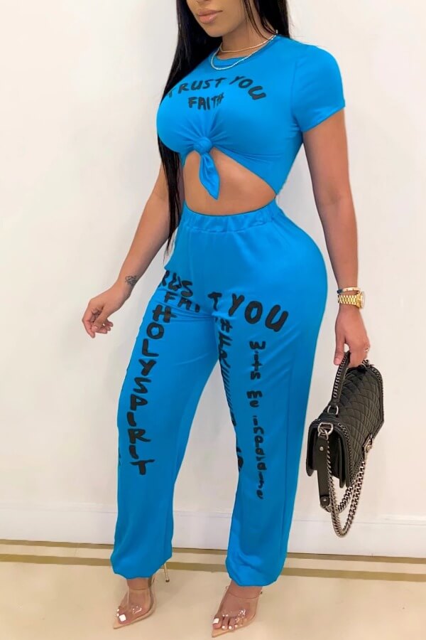 

LW Casual O Neck Letter Print Baby Blue Two-piece Pants Set