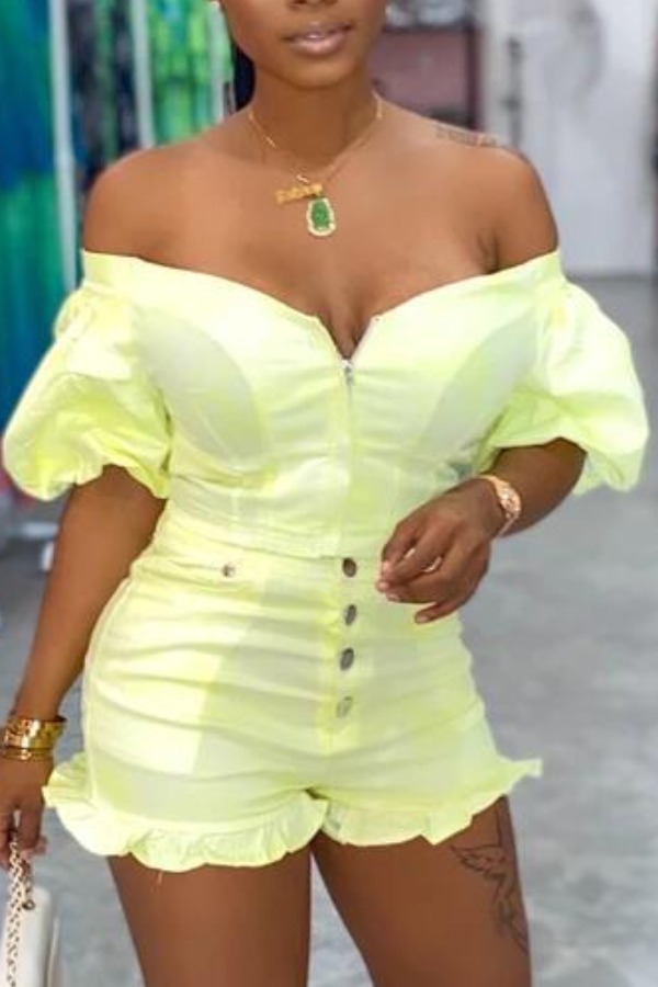 

lovely Sweet Dew Shoulder Flounce Design Yellow Two-piece Skirt Set