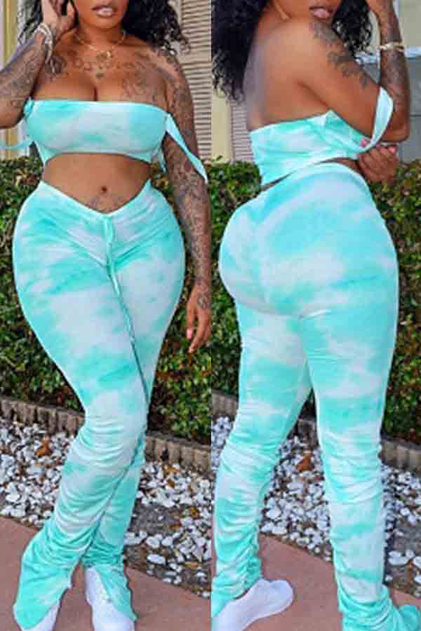 

lovely Trendy Dew Shoulder Tie-dye Blue Two-piece Pants Set