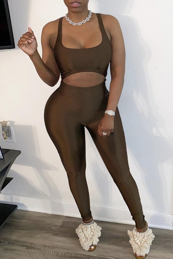 

lovely Sportswear Hollow-out Dark Coffee One-piece Jumpsuit