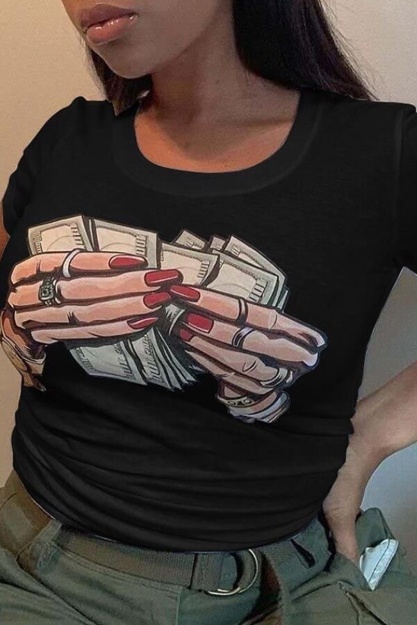 

Lovely Casual O Neck Print Black T-shirt
