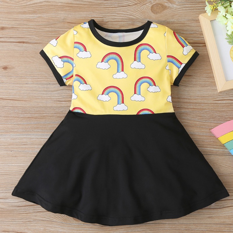 

lovely Casual O Neck Print Patchwork Yellow Girl Mini Dress