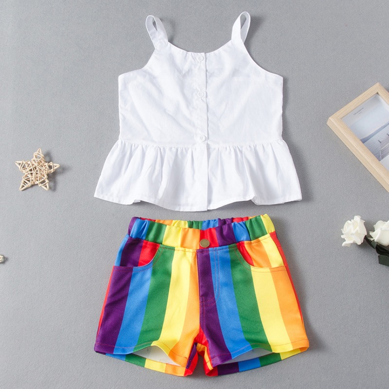 

lovely Sweet Rainbow Striped White Girl Two-piece Shorts Set