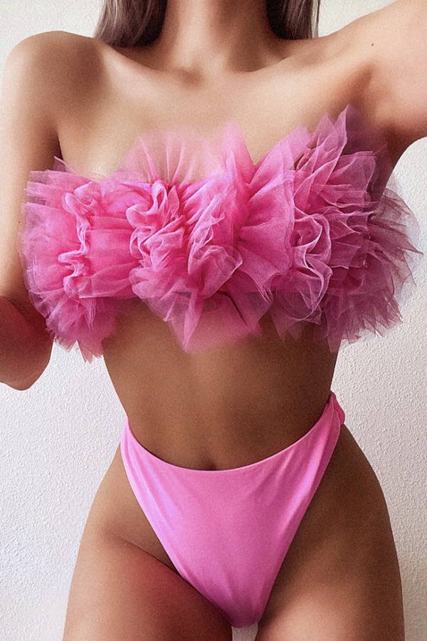 

Lovely Fold Design Rose Red Two-piece Swimsuit