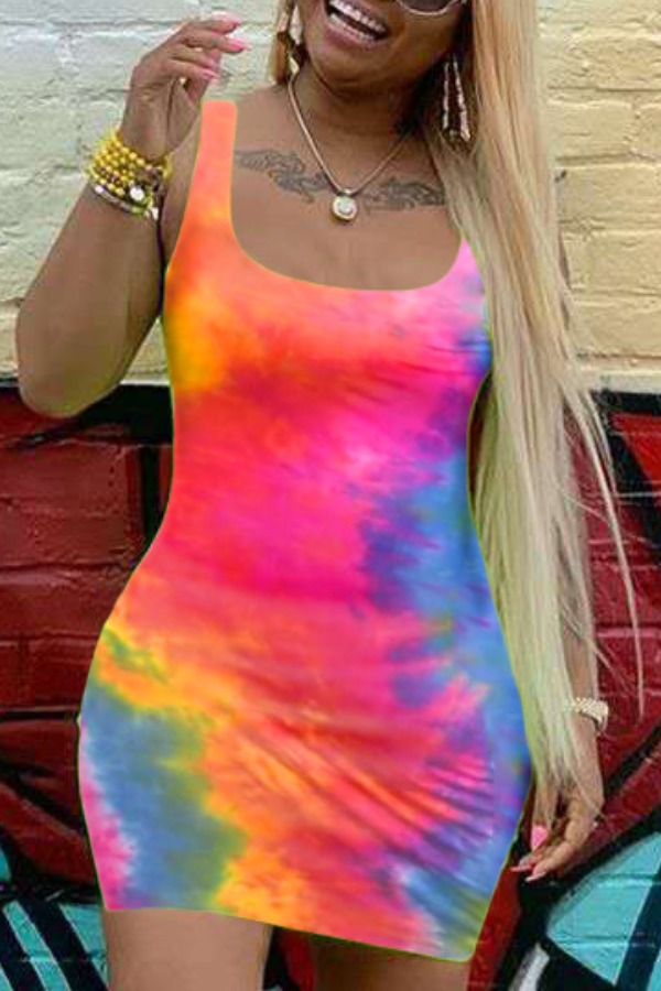 

lovely Leisure U Neck Tie-dye Red Mini Dress