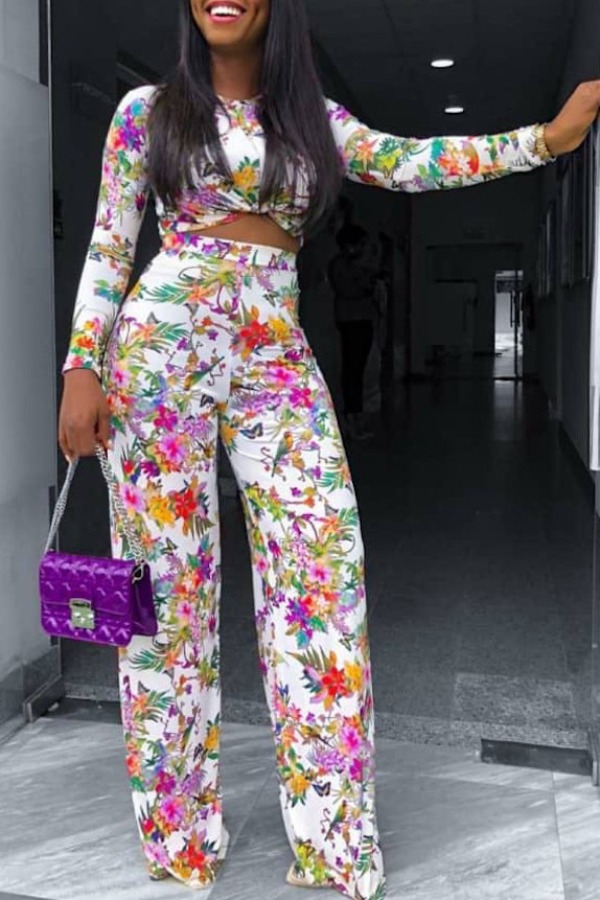 

lovely Casual O Neck Floral Print Multicolor Two-piece Pants Set, Multi
