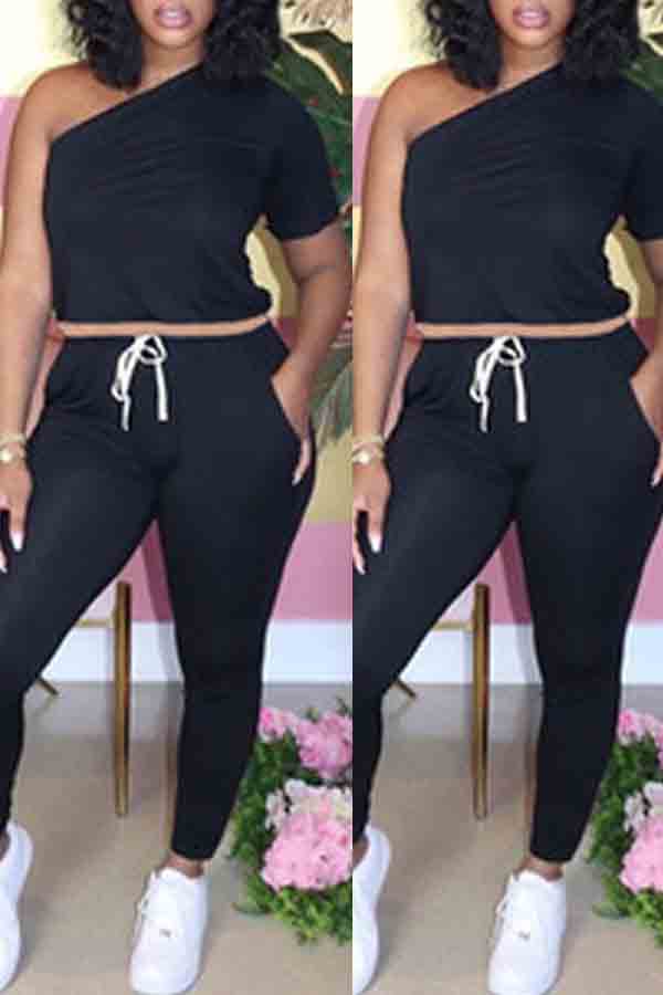 

lovely Casual One Shoulder Lace-up Black Two-piece Pants Set