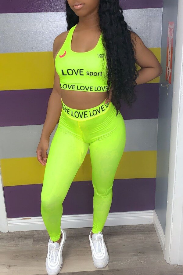 

Lovely Sportswear U Neck Letter Print Green Two-piece Pants Set