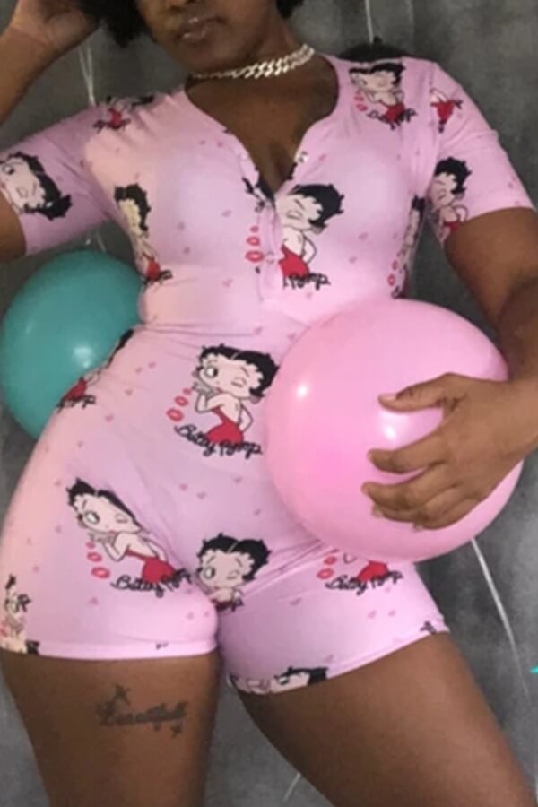 

Lovely Sportswear Cartoon Print Light Pink One-piece Romper