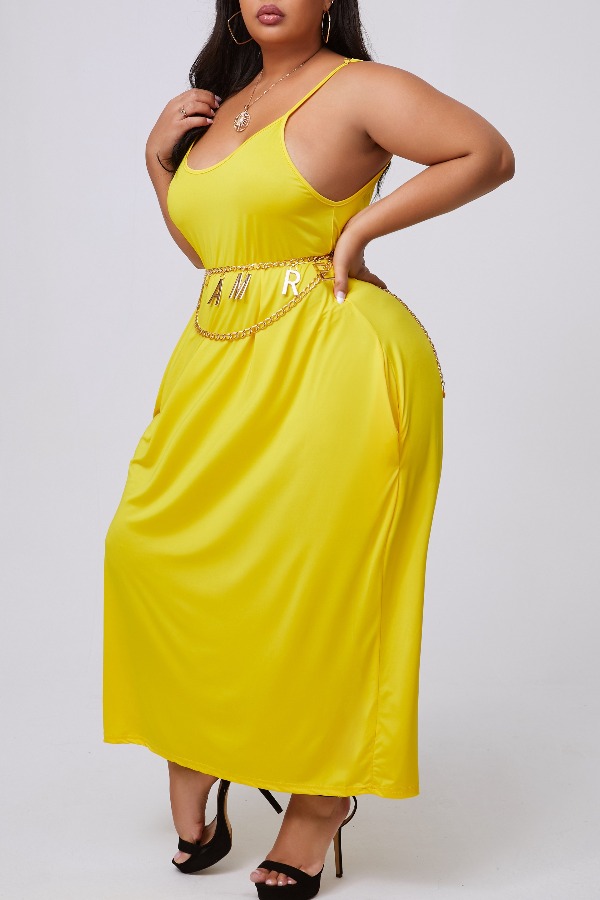 

Lovely Casual Basic Yellow Mid Calf Plus Size Dress