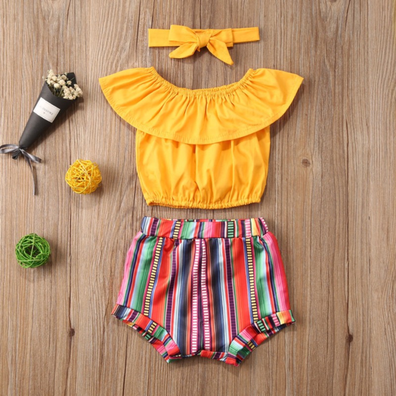 

lovely Casual Rainbow Striped Yellow Girl Two-piece Shorts Set