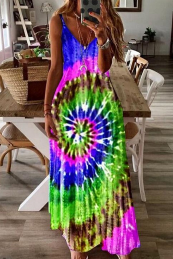 

lovely Bohemian Tie-dye Blue Ankle Length Plus Size Dress