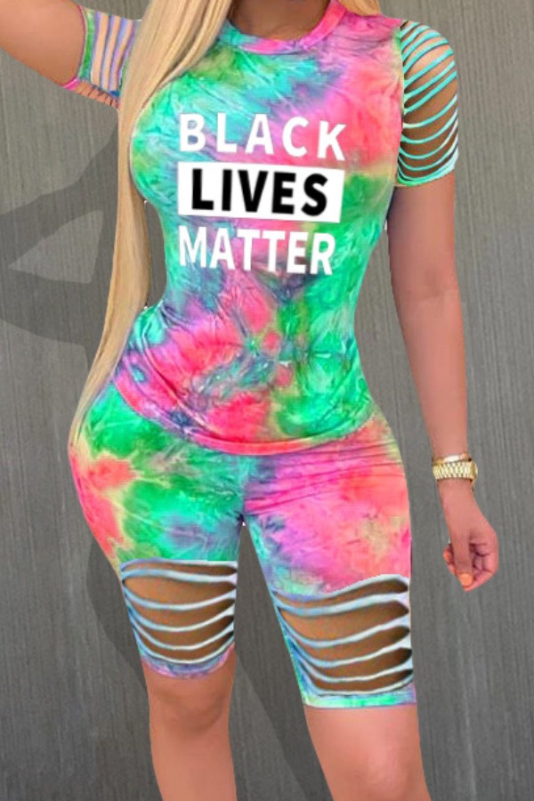 

lovely Casual O Neck Tie-dye Green Plus Size Two-piece Shorts Set
