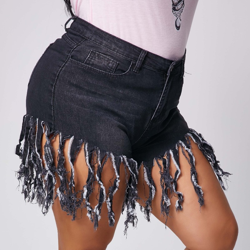 

lovely Trendy Tassel Design Black Plus Size Denim Shorts