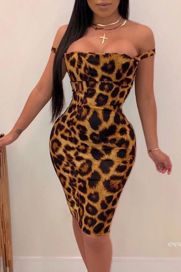 

lovely Sexy Dew Shoulder Leopard Print Knee Length Dress