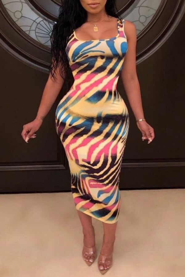 

lovely Sexy U Neck Print Multicolor Mid Calf Dress, Multi