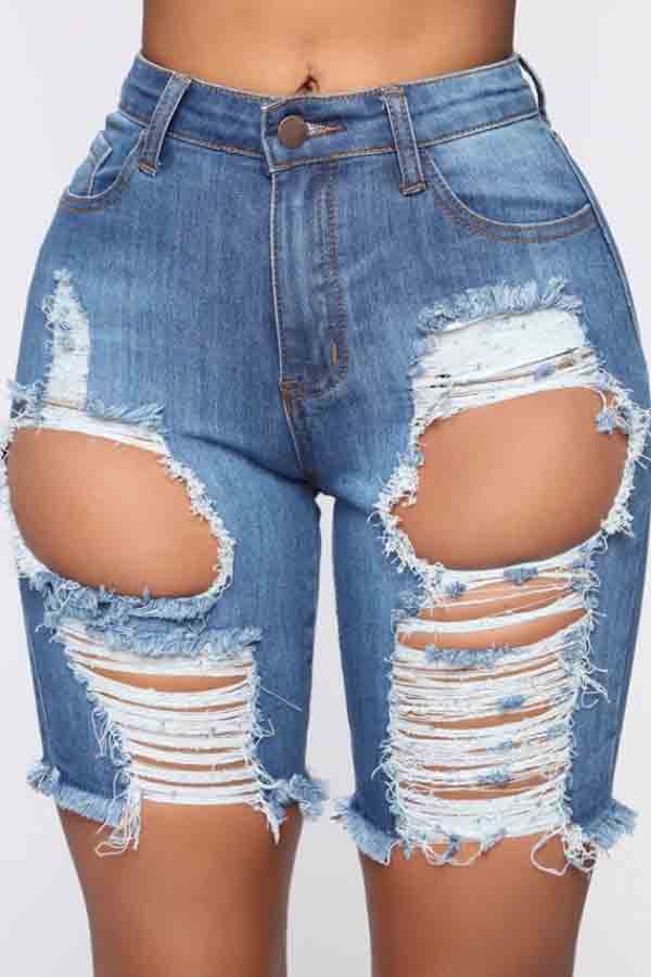 

lovely Casual High-waisted Broken Holes Blue Plus Size Denim Shorts