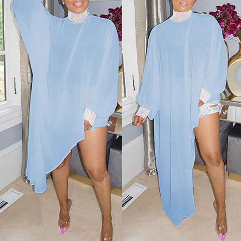 

lovely Stylish Turtleneck Asymmetrical Baby Blue Blouse