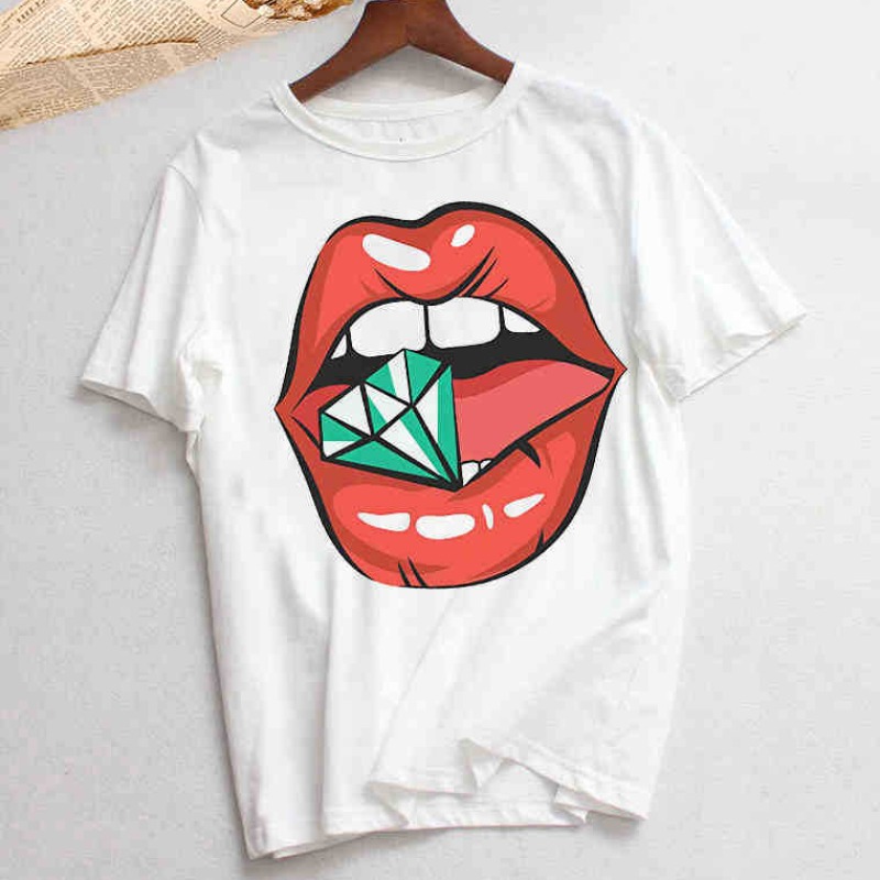 

lovely Leisure O Neck Lip Print White T-shirt