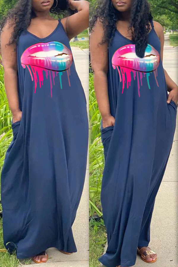 

lovely Casual Lip Print Blue Maxi Dress