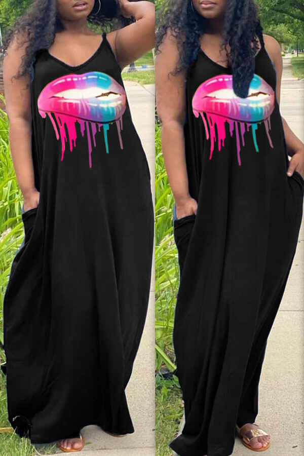 

Lovely Casual Lip Print Black Maxi Dress